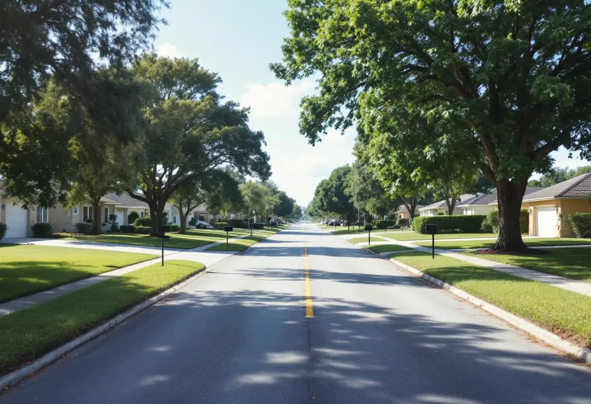 A shaded residential street with mature oak canopy over single-story homes and grass swales along the curb