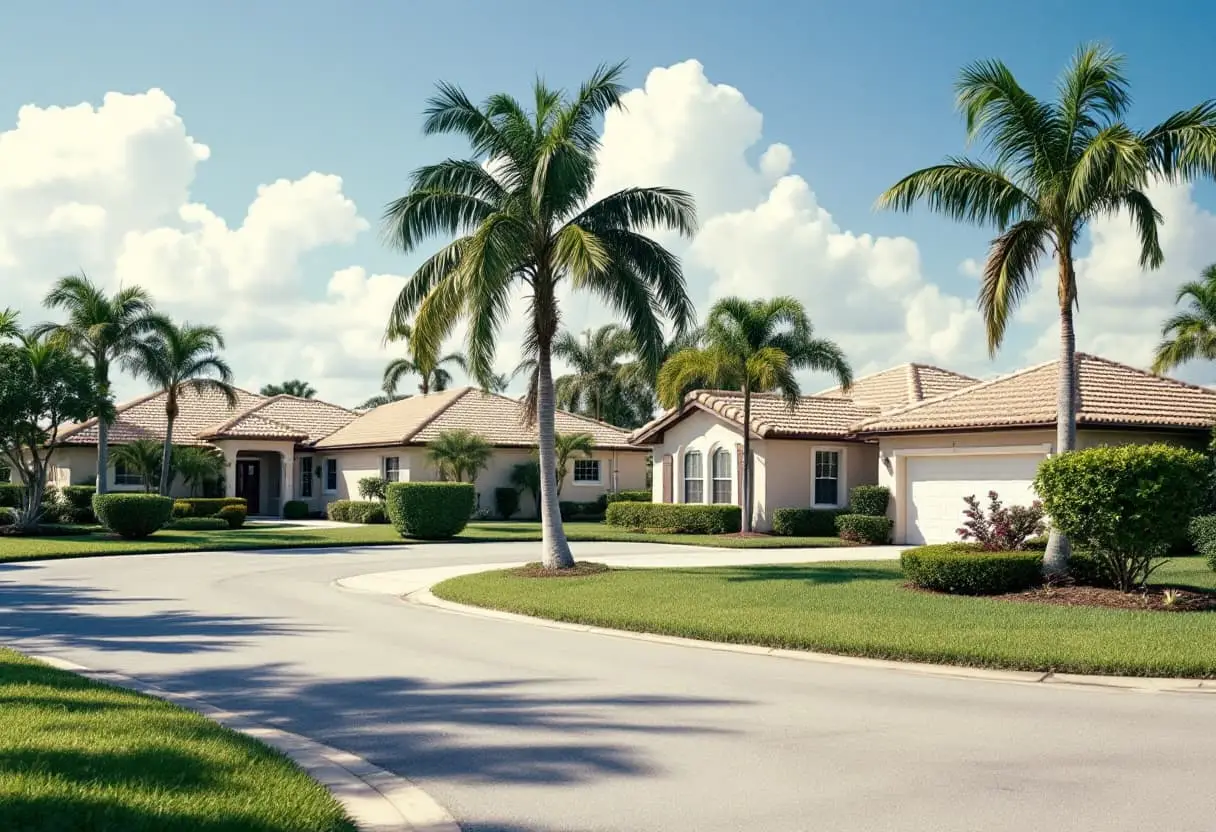 A quiet residential street of single-story homes near a canal with palm trees and bright midday light