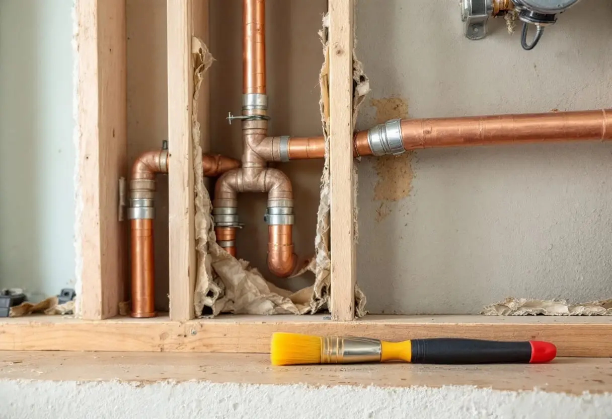 Copper supply lines exposed inside an open wall stud bay during a repipe, insulation pulled back and a paintbrush resting on the sill