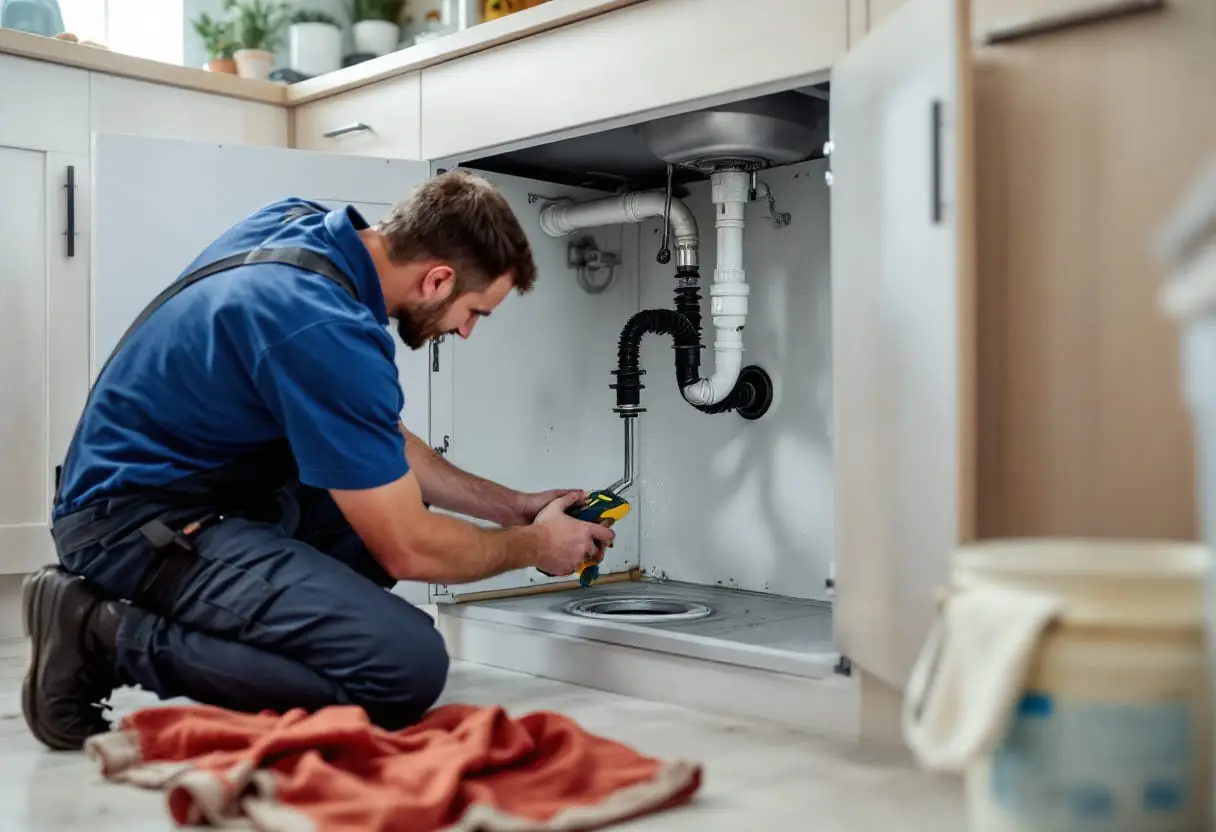 A gloved hand guiding a coiled steel cable from an electric drain machine into an open floor cleanout