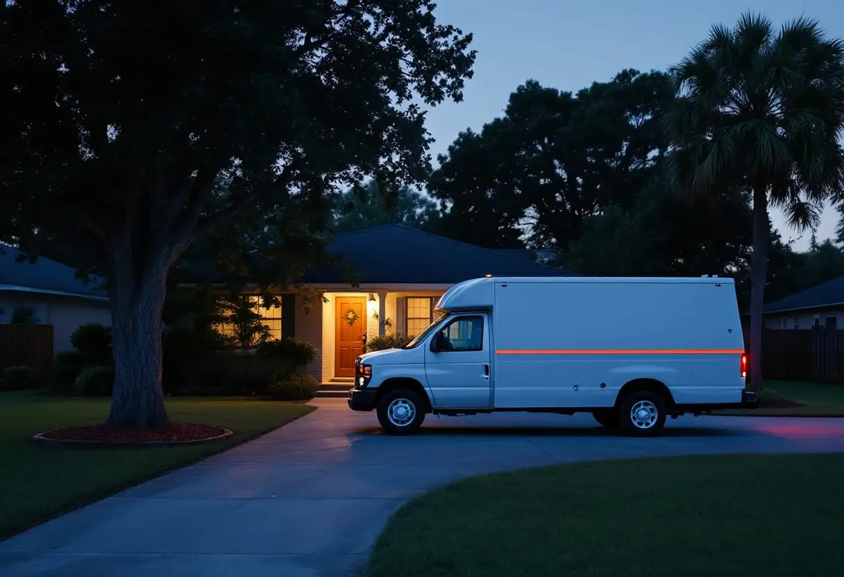A plain white plumbing van sitting in a home’s driveway in the low light just before sunrise, a porch lamp still glowing