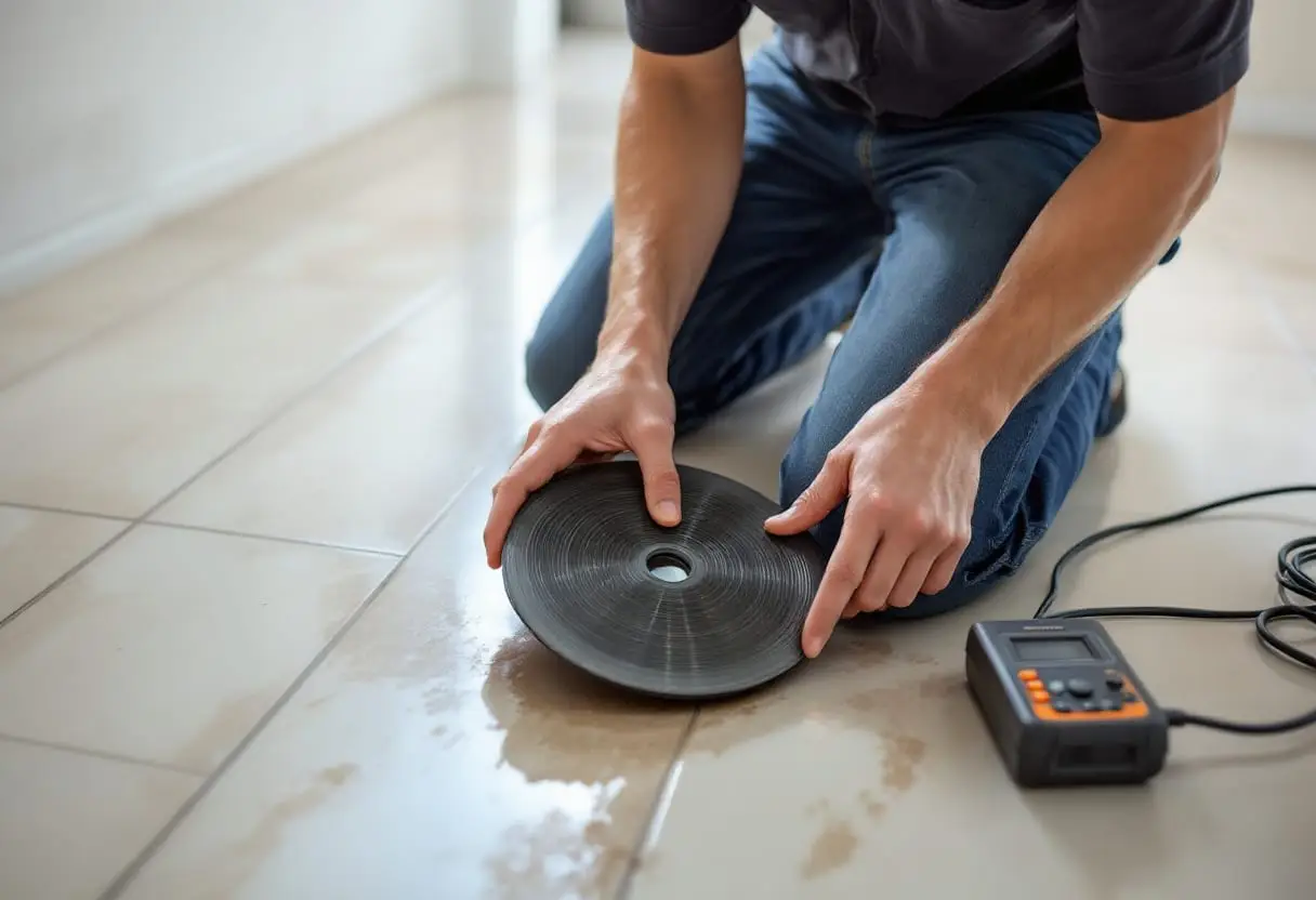 A technician’s hands pressing an acoustic listening disc against a tile floor, a damp stain already visible beside a handheld detector unit