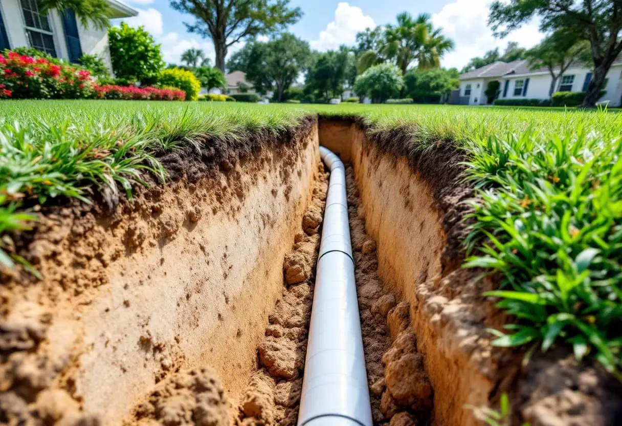 An open trench in a yard exposing a corroded cast iron service line beside new PVC pipe staged for the connection