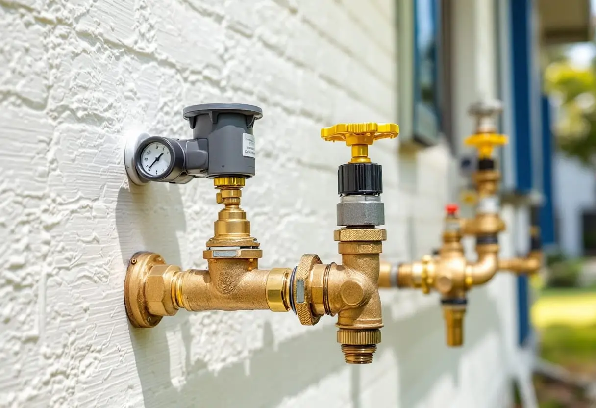 A backflow prevention assembly installed on an outdoor irrigation supply line, with new brass valves